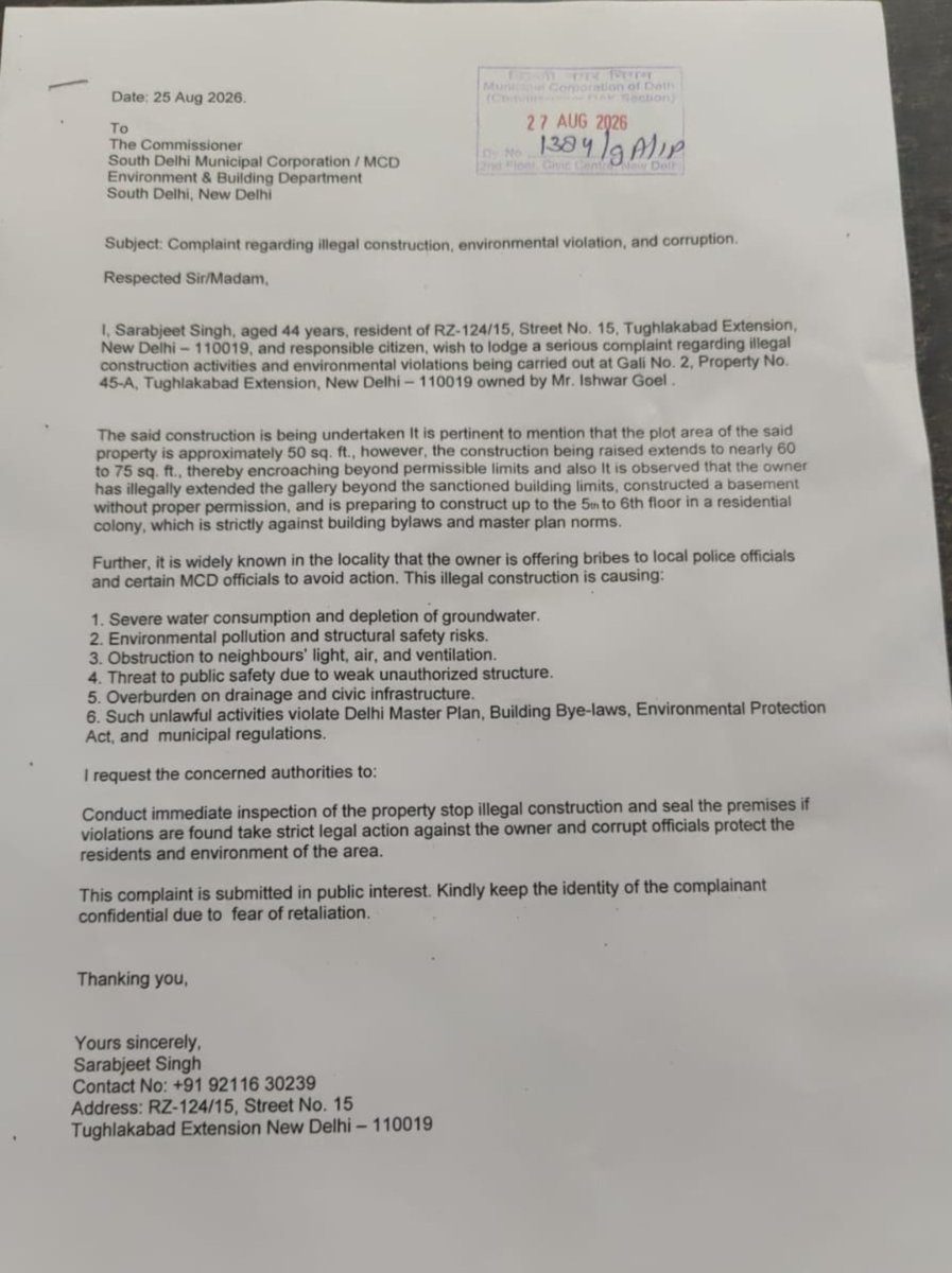 singh300_singh's tweet photo. I have given complaint in written for unauthorised construction at RZ 45 A street no 2. Tuglakabad Ext. Builder has overlooked all rules. No action taken on my complaint till date. Day night work is going on. Pls look into.
@MCD_Delhi @gupta_rekha @LtGovDelhi @DelhiComplaint https://t.co/TBexwr0R2w