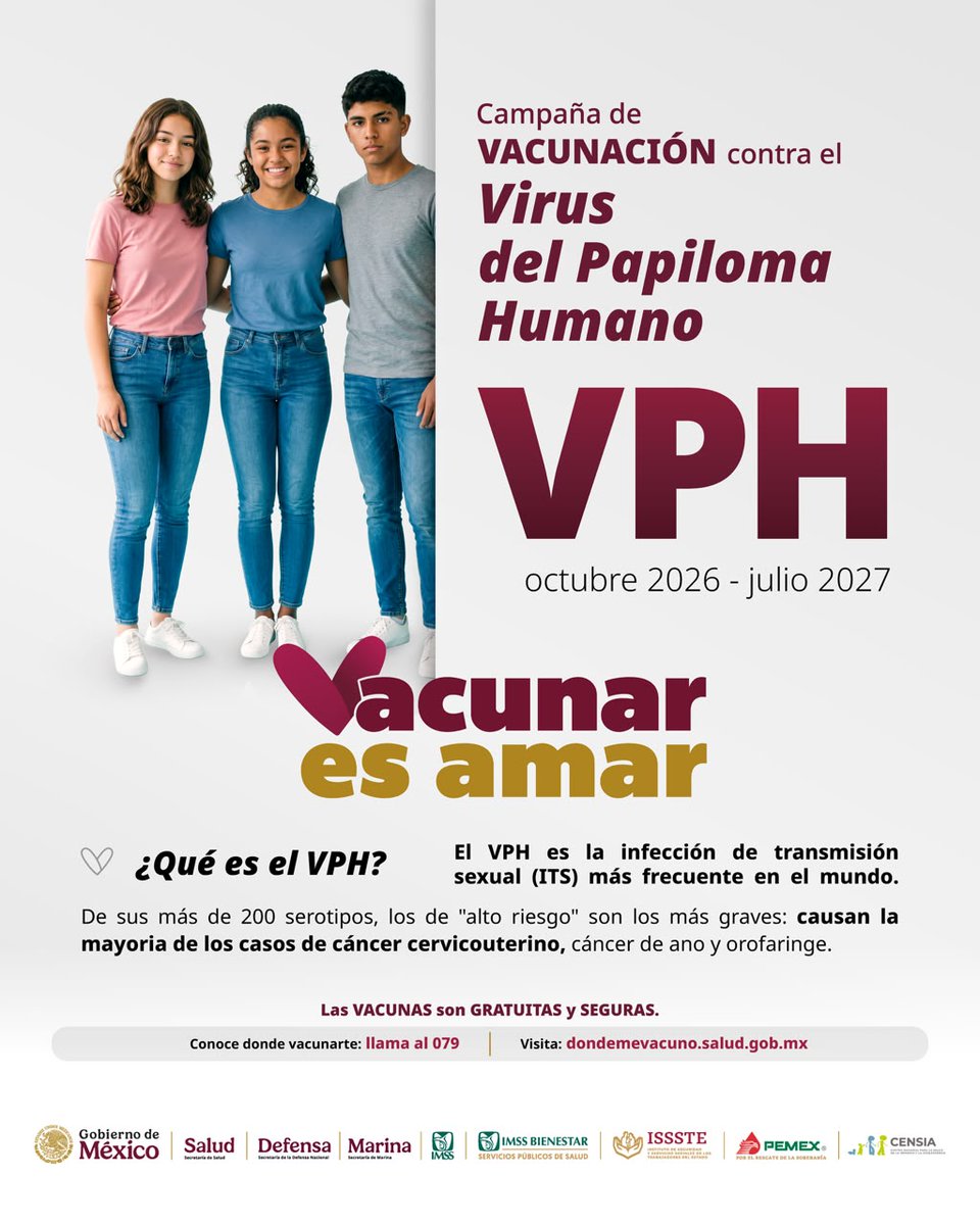 IMSS_Queretaro's tweet photo. 🩺Campaña de vacunación contra el Virus del Papiloma Humano #VPH para niñas, niños y adolescentes. 💉
El VPH es una infección de transmisión sexual más frecuente en el mundo.
Las vacunas son GRATUITAS y SEGURAS.
#VacunarEsAmar 🫶 https://t.co/SpNtpwaUbb