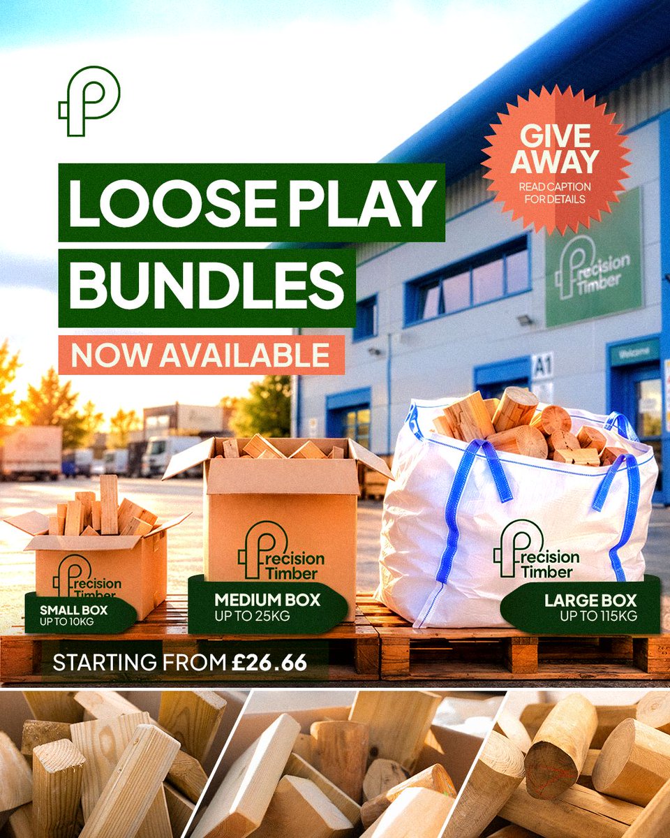 PrecisionTimber's tweet photo. Our Loose Play Bundles are now available! 🪵

As part of our sustainability commitment, we’re always exploring new ways for our timber offcuts to be used. So, we’ve developed some loose play bundles, allowing our timber to find new homes.

If you’re looking for small timber parts for your school, nursery, or outdoor play area, then take a peek at our loose play offcut bundles to bring a new element of creativity to your play space. To add even more fun and excitement to our offcut range, for every 100 boxes, there will be four £50 gift vouchers to spend with us, as well as one massive £250 voucher!!

Contact us today or visit our website to see if you could be a lucky winner 🌟

#PrecisionTimber #OffcutBundles #RobiniaTimber #RedwoodTimber #Giveaway