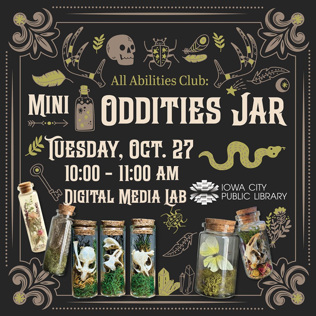 ICPL's tweet photo. Join us for All Abilities Club where we'll carefully examine and dissect an owl pellet to discover the tiny bones preserved inside on Tuesday, Oct. 27, from 10 to 11 a.m. Create a natural history curiosity jar by adding moss, flowers, and the bones. https://t.co/o1S6gVVT0c https://t.co/230oFds7Y6