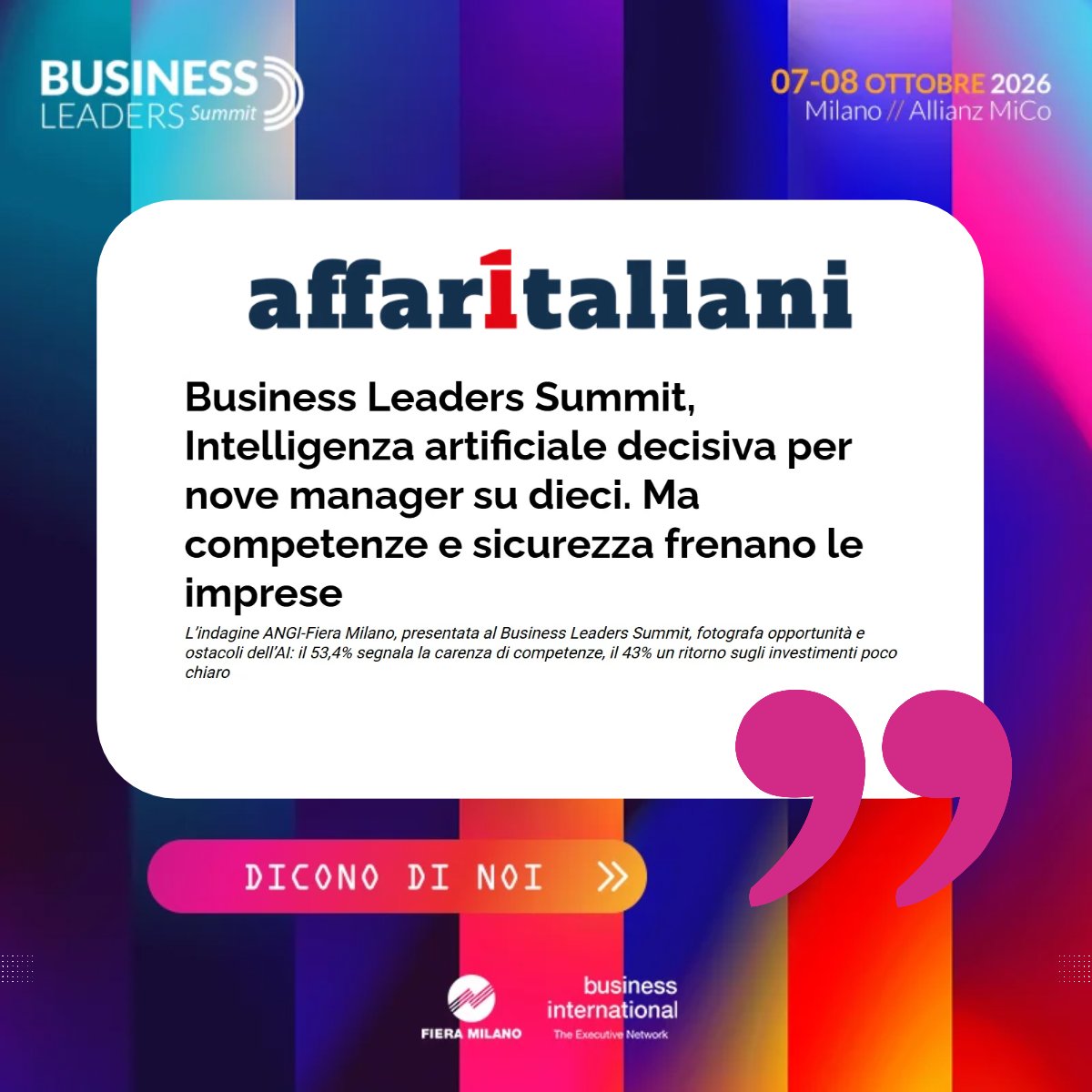 BIweb's tweet photo. La rotta tracciata dal #BusinessLeaders Summit 2026 continua sulle principali testate giornalistiche italiane. ✍️ Grazie @Affaritaliani e Imprese Lavoro

🔗Per tutte le prossime novità, visita: https://t.co/U1vjfDjDuq https://t.co/Q4pTyaQ2k0