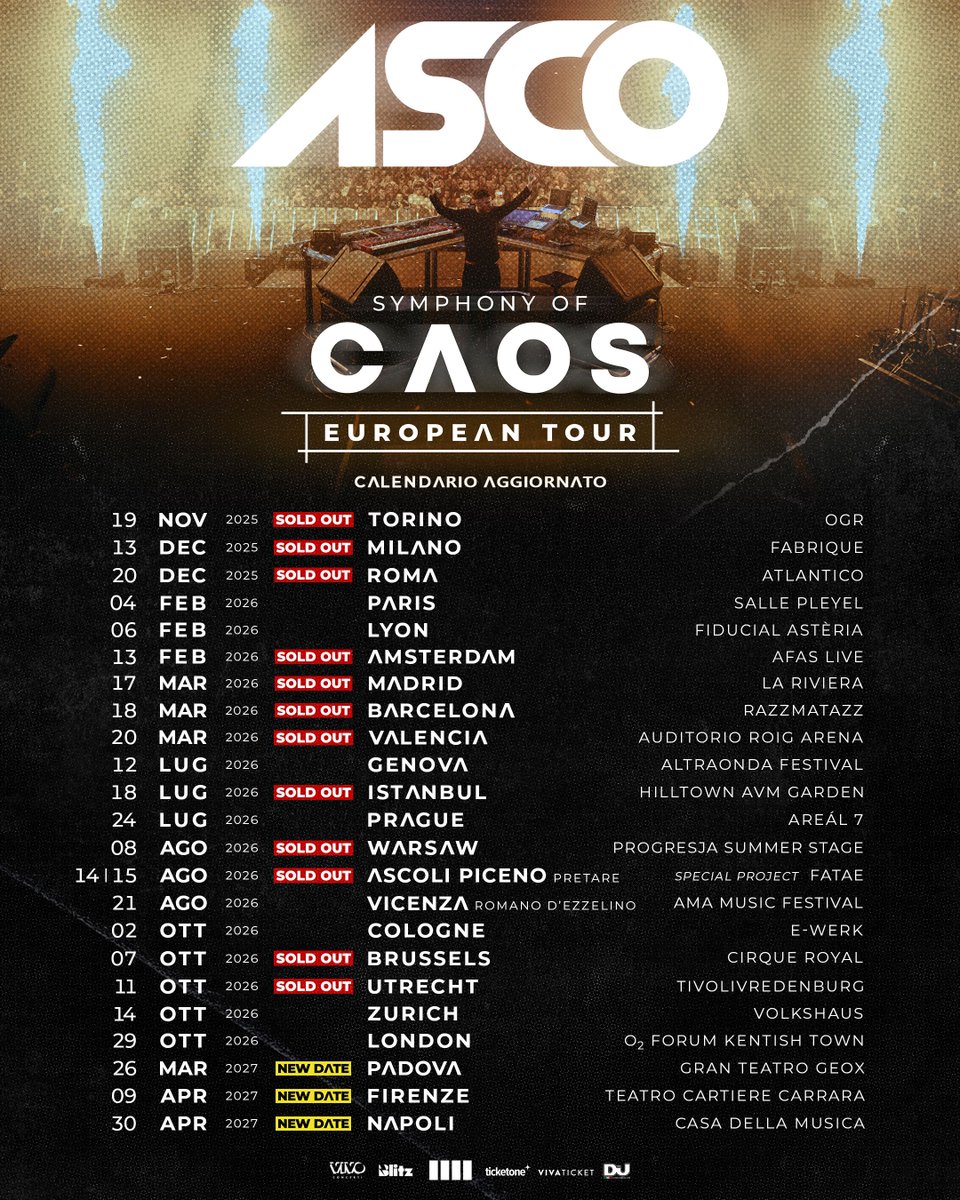 TicketOneIT's tweet photo. Annunciate nuove date del tour europeo di Asco🔥 

📅 26 marzo 2027 | Padova, Gran Teatro Geox 
📅 9 aprile 2027 | Firenze, Teatro Cartiere Carrara 
📅 30 aprile 2027 | Napoli, Casa della Musica 

🎫 Biglietti in vendita dalle 14.00 di domani 22 ottobre su
https://t.co/SZSxJc013v https://t.co/ZuWO1iJKgK