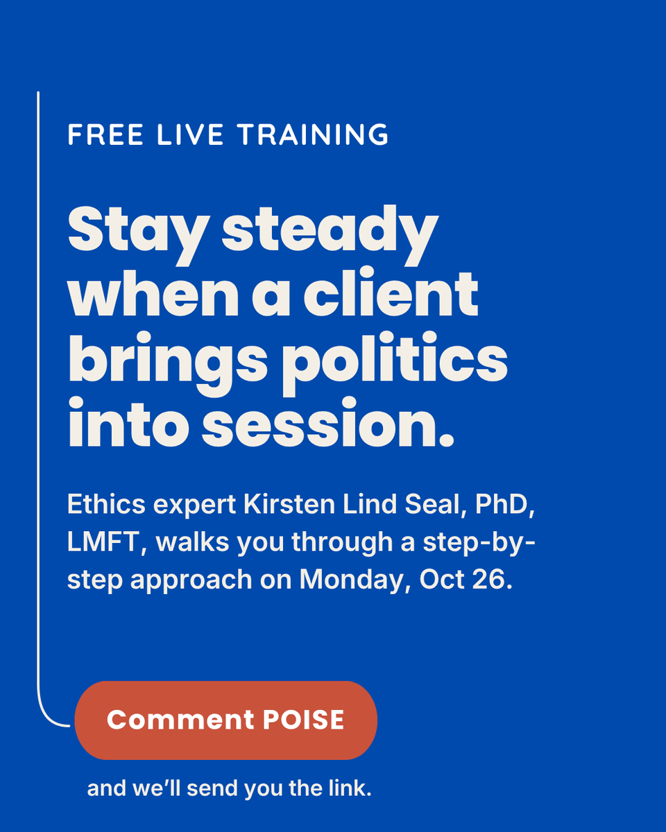 PESIinc's tweet photo. When clients bring politics into session, the line between honoring the relationship and managing your own reactions gets thin. Kirsten Lind Seal, PhD, LMFT teaches a free 3.5-hour training on exactly that, Oct 26. A $169.99 value: https://t.co/vOPlj6JJLI https://t.co/1joZ3ahmvb