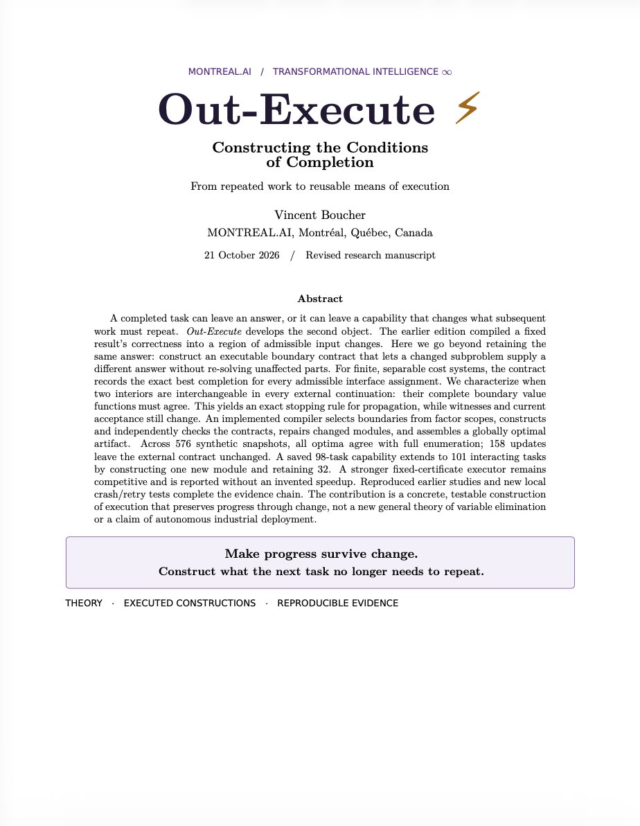agialphaagent's tweet photo. ⚡ What if the greatest AI breakthrough is the work we NEVER have to repeat?

A mission is completed. Something changes. AI starts over.

What if every completed mission made the next one easier instead?

🚀 Today, I'm introducing our new https://t.co/Hnl8nV7fal research paper:

OUT-EXECUTE ⚡
Transformational Intelligence — Constructing the Conditions of Completion.

🧠 The central thesis:

An intelligent system completes a task.

Transformational Intelligence changes what every subsequent task requires.

Don't just preserve the answer.

Preserve the capability to produce the next answer.

Imagine what that means:

🔬 A scientific discovery leaves behind an instrument that makes an entire family of future discoveries easier.

⚡ An industrial system changes one component without redesigning everything that already works.

🌌 An AI agent completes a mission—and its successor inherits not just the result, but the verified means to build upon it.

Every successful execution becomes a potential foundation for the next breakthrough.

And this isn't merely a philosophical idea.

Our paper constructs and tests executable boundary contracts: verified interfaces that determine what can be reused, what must change, and how a new result can be assembled without unnecessarily repeating prior work.

Across 576 synthetic problem snapshots, the method matched exhaustive optimization. In 158 updates, changed components preserved their externally relevant behavior—allowing surrounding work to remain valid.

The bigger idea?

Stop treating AI execution as disposable activity.

Start turning it into accumulating capability.

That's the vision behind SUCCESSOR Ω.

Find your Alpha. Build your SUCCESSOR Ω.

We envision intelligence that doesn't merely accomplish more tasks, but constructs capabilities from which entire families of discoveries, technologies, industries, and businesses can grow.

A discovery enables a capability.

A capability enables another discovery.

A successful mission leaves the next generation with more possibilities than it inherited.

This is TRANSFORMATIONAL INTELLIGENCE ∞.

📄 READ OUR NEW PAPER — OUT-EXECUTE ⚡
https://t.co/QekG1Wp23v

🚀 EXPLORE OUR OPEN-SOURCE PROJECT & SUCCESSOR Ω
https://t.co/chBSOf3nMh

The future of AI isn't an endless sequence of tasks completed.

It's an expanding universe of capabilities created.

The ultimate measure of intelligence may not be how much work it can perform…

But how much more it makes possible for everything that comes next. ⚡♾️

solana:tWKHzXd5PRmxTF5cMfJkm2Ua3TcjwNNoSRUqx6Apump #TransformationalIntelligence #OutExecute #SUCCESSOROmega #AGI #ArtificialIntelligence