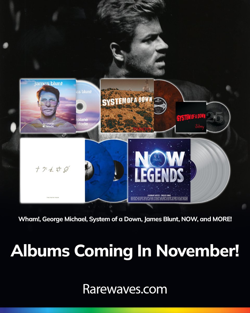 RarewavesCom's tweet photo. Some GEMS coming in November! 
👉 https://t.co/nvpx3jEQHY

Classics from Geoge Michael, Wham! and System of a Down reissued and remastered!

As well as NEW MUSIC from James Blunt and not to mention... NOW! LEGENDS ✨

#PreOrder #MusicComingSoon #Wham #GeorgeMichael https://t.co/7MbHbH9KaN