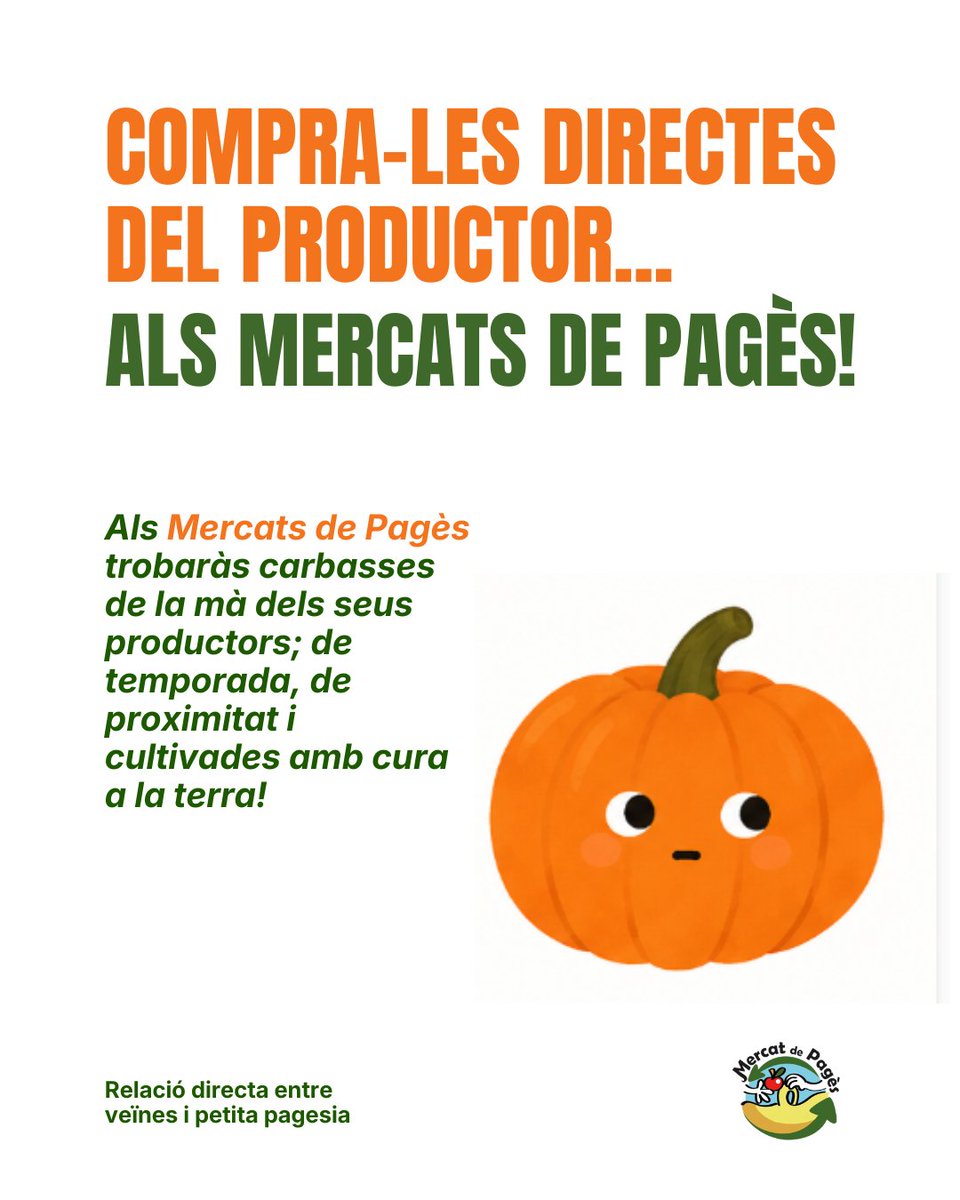 MercatDePages's tweet photo. Als Mercats de Pagès trobaràs carbasses de proximitat, de temporada i conreades amb cura per la petita pagesia. Compra directe al productor i dona suport a l'agricultura local! 💚 📍 On la compres tu?#Km0 #MercatsDePagès #Proximitat #Carbassa https://t.co/KogOBKYqh0
