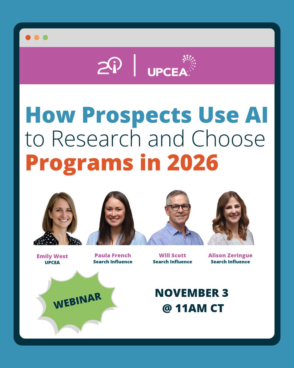 SearchInfluence's tweet photo. Daily AI search by prospective students jumped from 25% to 40% in just one year. 📈 AI is now deciding which programs make their shortlist. Join Search Influence &amp; UPCEA on Nov 3 to learn how AI recommends programs &amp; how to adapt your marketing. Register: https://t.co/Pvk3L9ULrO https://t.co/zbVGTrJQ3e