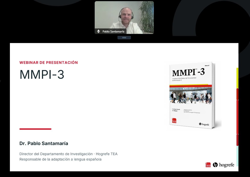 TEAEdiciones's tweet photo. 🔴 Estamos en directo en el #WebinarTEA.  Hoy, el Dr. Pablo Santamaría presenta el MMPI-3: qué cambia, qué aporta y cómo empezar a interpretar sus resultados.  Abrimos hilo 🧵 #MMPI3 https://t.co/MYptTve6Kx