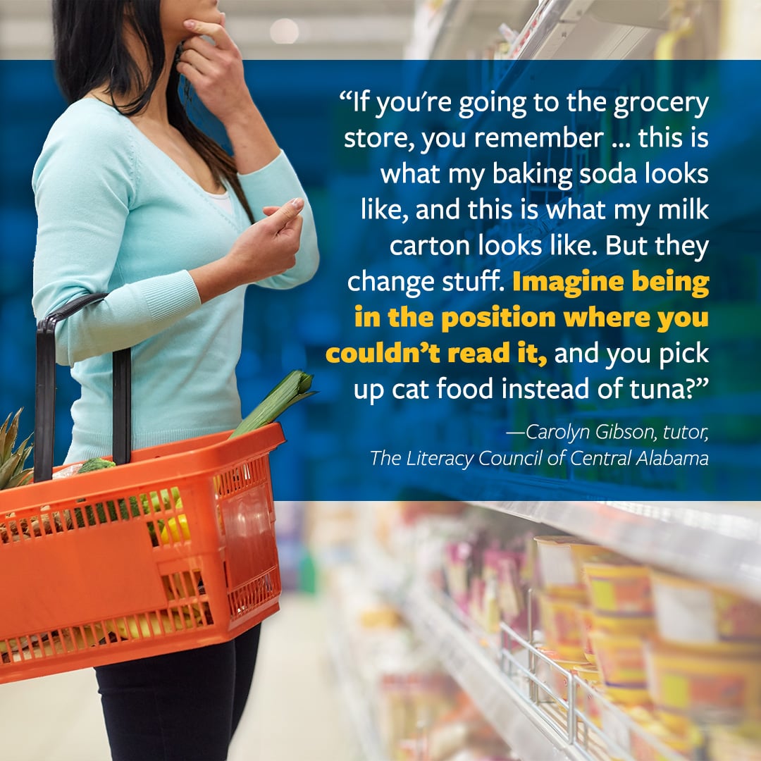 ProLiteracy's tweet photo. Many adults with low literacy find ways to cope by asking questions or memorizing.
But what happens when the grocery shelves get reorganized?
What happens when there is a detour on the way home?  
When we ensure every person can read, communities thrive.
https://t.co/Sl6ldlMeqz https://t.co/b01fcsKvjA
