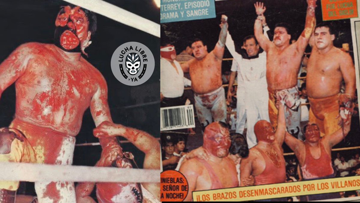 LuchaLibreYYa's tweet photo. #EnUnDíaComoHoy pero de 1988 la Plaza de Toros Monumental de Monterrey albergaba la ‘Lucha del Siglo’ en la que tras una sangrienta batalla de máscaras contra máscaras, los Villanos I, IV y V derrotaban a Los Brazos, hijos de Shadito Cruz.

Esa noche conocimos los rostros de José, Jesús y Juan Alvarado.