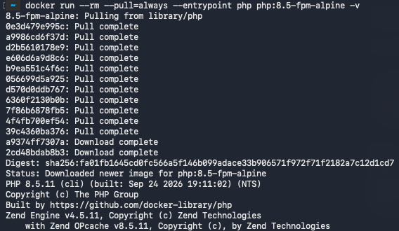 knz_dev's tweet photo. docker run --rm --pull=always --entrypoint php php:8.5-fpm-alpine -v https://t.co/UuhnPAotXf
