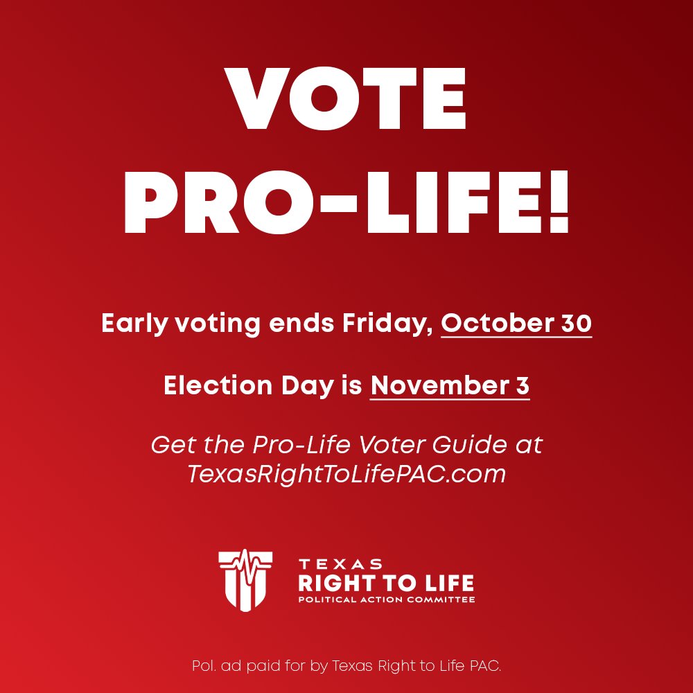 TXRightToLife's tweet photo. Gina Hinojosa has an awful record on abortion. 

Meanwhile, Governor @GregAbbott_TX signed Texas' strongest Pro-Life laws saving thousands of babies.   

Vote Pro-Life this November!   

Early voting runs now through Friday, October 30, and Election Day is November 3.  

Get the Pro-Life Voter Guide at https://t.co/DnWqiVen7K!