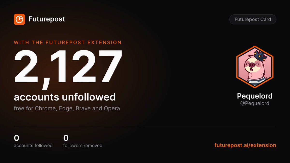 Pequelord's tweet photo. Our web3 space is full of dead accounts and bots draining our attention and energies... so... 2,127 unfollowed, this is what cleaning up my 𝕏 feed with the @futurepost extension looks like.

Before anyone asks, it's free: https://t.co/NNGzojcLji https://t.co/NVqttigMue