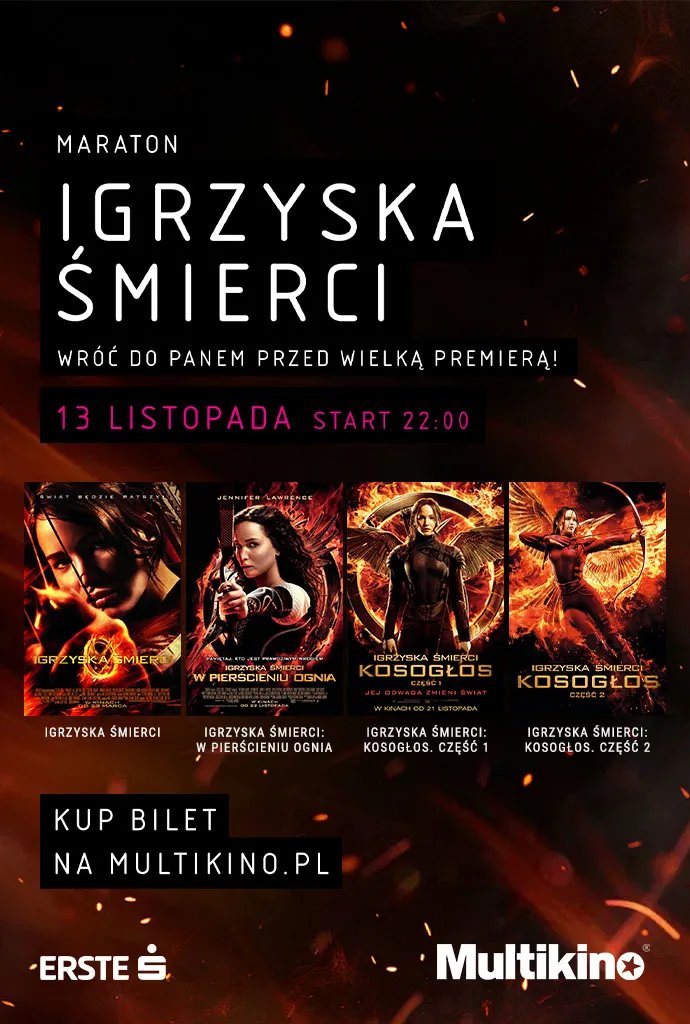 KinoAlertPL's tweet photo. Maraton "IGRZYSK ŚMIERCI" w polskich kinach.

Czas: 9 godz. 58 min.

Multikino - 13 listopada, start 22:00
Cinema City - 13 listopada, start 18:00

Filmy: 
Igrzyska śmierci
Igrzyska śmierci: W pierścieniu ognia
Igrzyska śmierci: Kosogłos. Część 1
Igrzyska śmierci: Kosogłos. Część 2