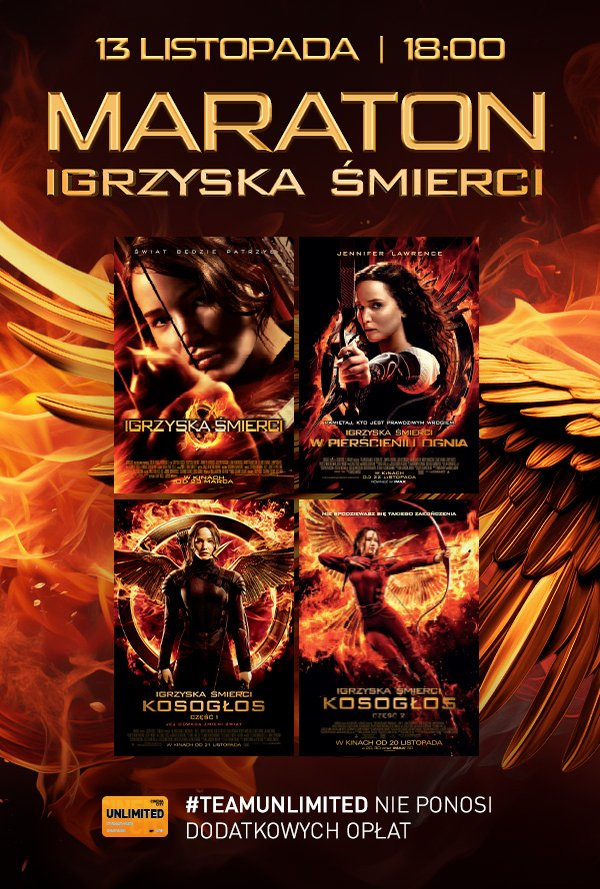 KinoAlertPL's tweet photo. Maraton "IGRZYSK ŚMIERCI" w polskich kinach.

Czas: 9 godz. 58 min.

Multikino - 13 listopada, start 22:00
Cinema City - 13 listopada, start 18:00

Filmy: 
Igrzyska śmierci
Igrzyska śmierci: W pierścieniu ognia
Igrzyska śmierci: Kosogłos. Część 1
Igrzyska śmierci: Kosogłos. Część 2