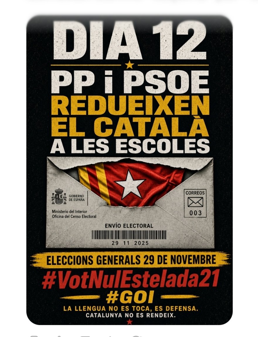 saralidiaester's tweet photo. Dia 12.
El PP vol el 50% de castellà a les aules catalanes si guanyen les eleccions espanyoles. Amb el PSOE ja s'està fent.
Només una Catalunya independent sobreviurà a la barbàrie colonial.
#VotNulEstelada21

17,14h🕔 https://t.co/XDxHyOriNA