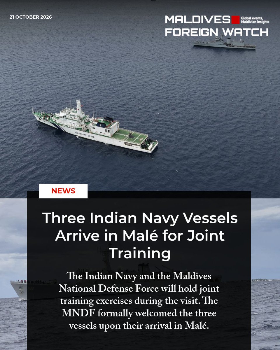 foreignwatch_mv's tweet photo. The Indian Navy and the Maldives National Defense Force will hold joint training exercises during the visit. The MNDF formally welcomed the three vessels upon their arrival in Malé.

Read more:https://t.co/6oM3l7Fxlo https://t.co/fcVyroO8qm