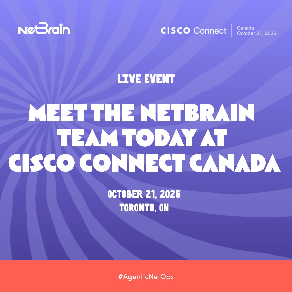 NetBrainTech's tweet photo. NetBrain is at Cisco Connect Canada today at the Metro Toronto Convention Centre. If you run a network, come tell us what keeps your team up at night. We'll show how AI agents can help with diagnosis, change and assessment, with your engineers approving every step.

#CiscoConnect https://t.co/OAsn071igc