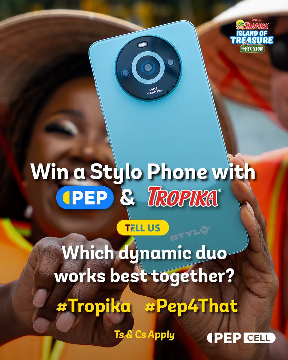MyTropika's tweet photo. Win a Stylo Phone with @PEPstores_SA and Tropika! 📱✨

 Tell us which dynamic duo works best together 👇 Drop a comment with your team pick and use #Tropika and #Pep4That to enter. T&amp;Cs apply.

#Tropika #IslandofTreasure #TIOTReunion https://t.co/v6nH65FLBo