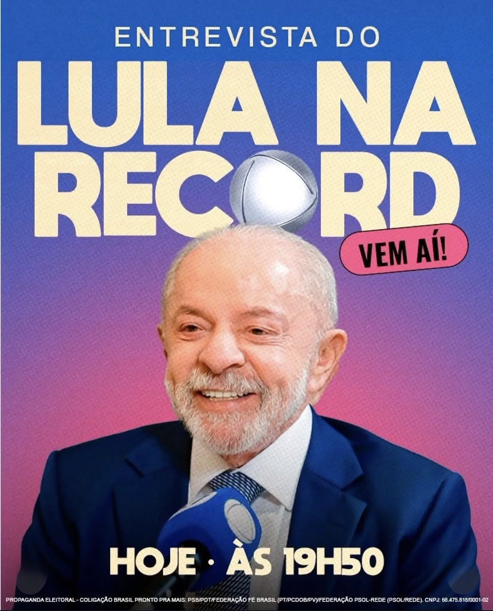 andreiadejesuus's tweet photo. 🚨 HOJE TEM LULA NA RECORD! 

Às 19h50, nosso presidente fala ao Brasil sobre os rumos do país e o projeto que queremos para o futuro. https://t.co/SSrmkOEVyI