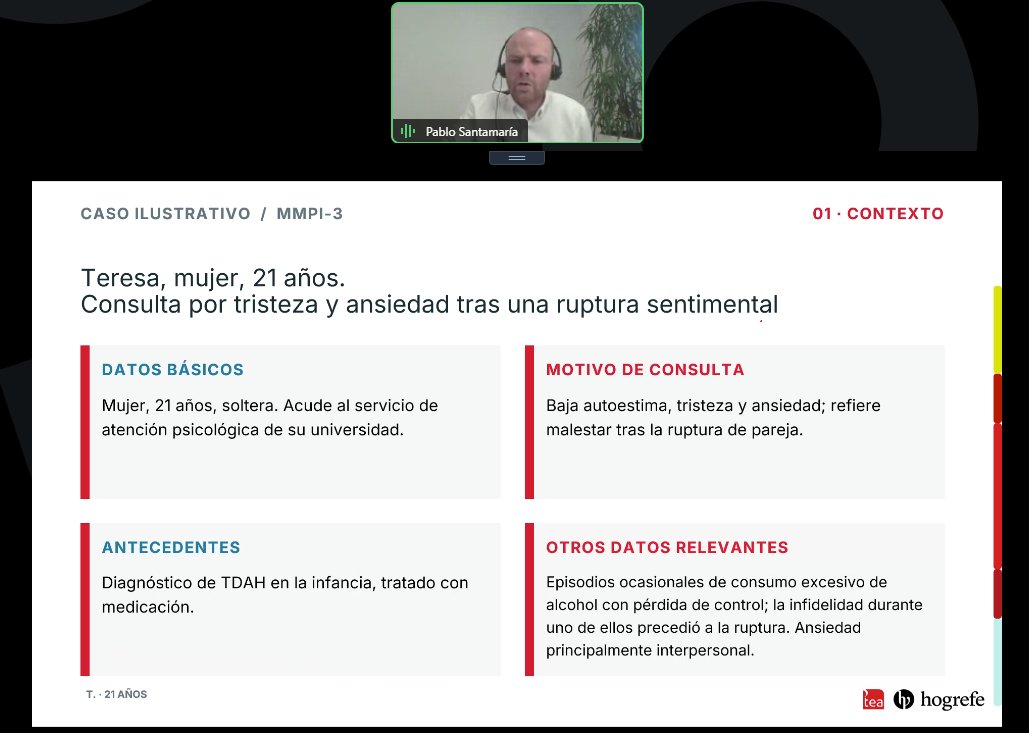 TEAEdiciones's tweet photo. 🎙️ Pablo Santamaría, director de I+D+i de Hogrefe TEA Ediciones y responsable principal de la adaptación española, está guiando la sesión.  El programa incluye la interpretación paso a paso de un caso.  #WebinarTEA https://t.co/nwCPbt1KQl