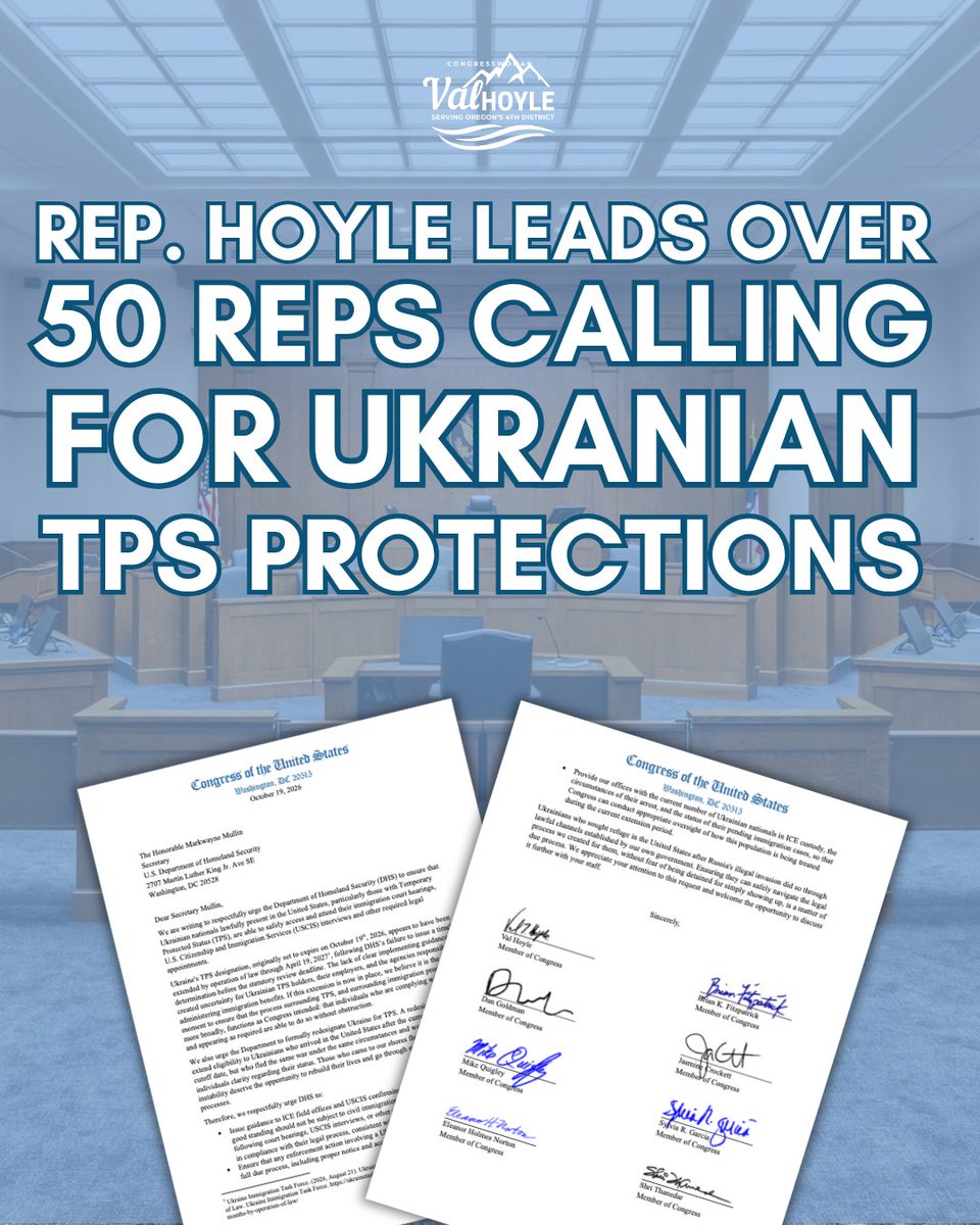 RepValHoyle's tweet photo. I’m leading a letter with over 50 of my colleagues demanding that DHS protect the due process rights of Ukrainian Temporary Protected Status holders.

The Administration must formally re-designate Ukraine for TPS to extend this eligibility and allow Ukrainians who have fled war to receive protections here in the United States.