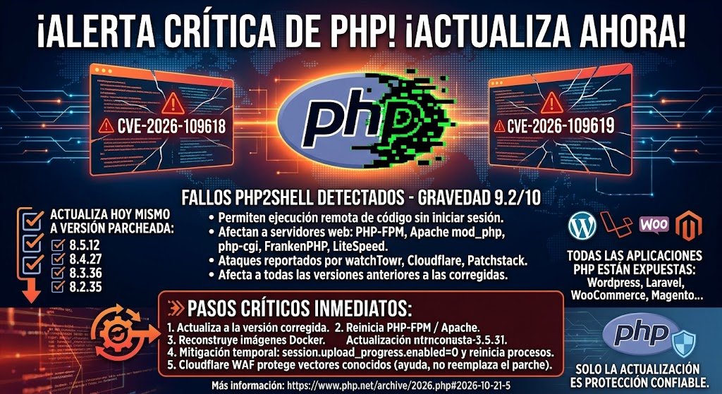 sergiecode's tweet photo. ⚠️ PHP2Shell: actualizá PHP hoy.

PHP publicó parches de emergencia para dos vulnerabilidades críticas (CVE-2026-109618 y CVE-2026-109619), con gravedad 9.2 sobre 10. Permiten que un atacante ejecute código de forma remota en servidores web sin necesidad de iniciar sesión https://t.co/DGSIpHoE3h