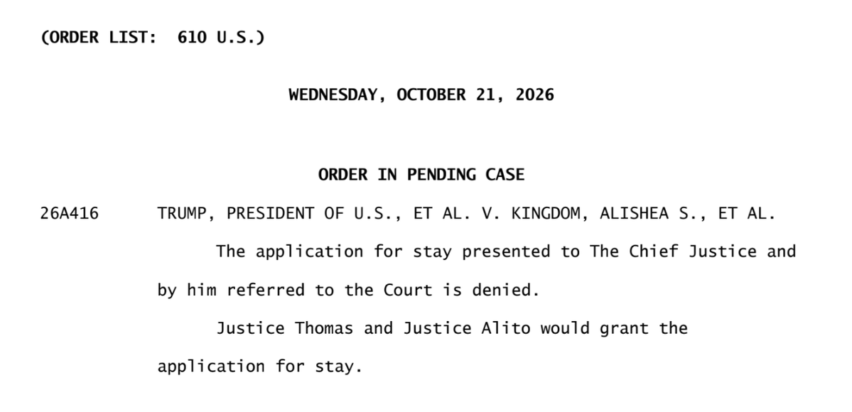 chrisgeidner's tweet photo. BREAKING: SCOTUS rejects Trump admin's request to allow it to end gender-affirming medical care in prisons — a significant, if tentative, rejection of one of the admin's most extreme anti-trans arguments.

Only Thomas and Alito noted they would have granted the stay.

More to come: https://t.co/AiwpY5i4Q7