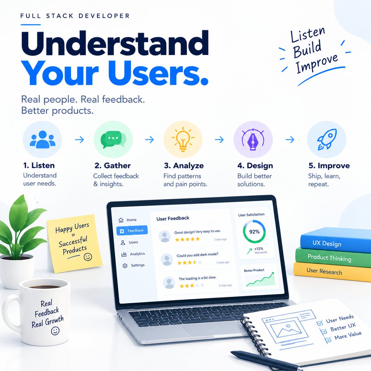 zahidalidev09's tweet photo. Great products start with listening. 👂

Understand your users. Gather feedback. Find pain points. Build better solutions. Repeat. 🚀
The best software isn’t just about writing code—it’s about solving real problems for real people.
Listen. Build. Improve.💙
#FullStackDevelopment https://t.co/HQdZvzHRQn