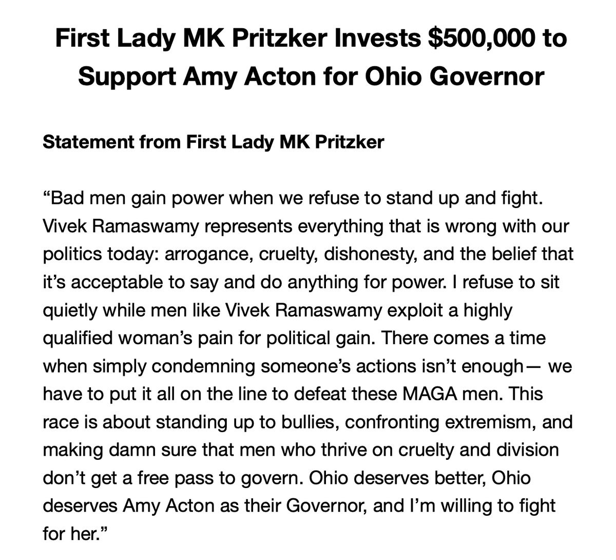 JBPritzker's tweet photo. Bad men gain power when we don't fight back.

Vivek Ramaswamy is everything wrong with politics: arrogance, cruelty, dishonesty, and a willingness to do ANYTHING for power.

Ohio deserves better.

I'm proud that my wife, MK, is supporting Dr. Amy Acton today. https://t.co/dKSyCxcdva