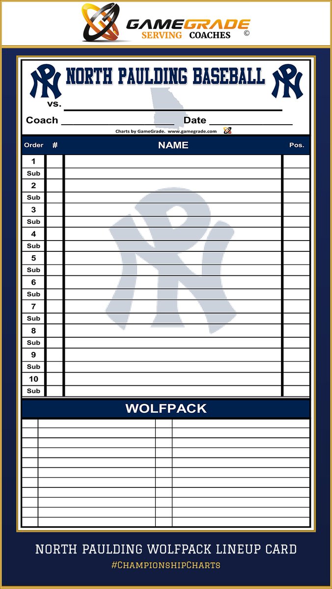 GameGrade's tweet photo. The Pack is Back!
2026 State Finalist – Ready for 2027!
    -4-Part Carbonless Lineup Cards
    -Fully Customized in North Paulding Navy
    -Hardback Coaches Copy
    -Extended Bench https://t.co/5rYZUSyM4i