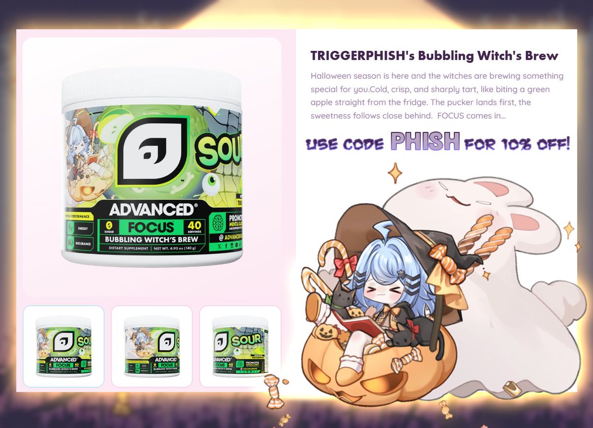 TRiGGERPH1SH's tweet photo. ❰❰❰ NEW ADVGG FLAVOUR ❱❱❱

nyahahahahaha!!! TRiGGERWiTCH is back!! and she has brewed up a very sour green potion for you little chips... 🍏no promises it won't make your skin turn green, but it can definitely help you lock in and hit your shots!!! 🔫

remember to use code PHISH for 10% off your order!!

🔗 ⬇️