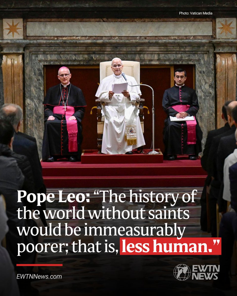 EWTNews's tweet photo. Pope Leo XIV, in his first private audience since undergoing surgery on Oct. 13, said the history of the world is inseparable from the history of the saints.

“The history of the world without saints would be immeasurably poorer; that is, less human,” Leo said in his address.

The pontiff met on Wednesday with participants of the “Holiness in History” conference, held at the Patristic Institute Augustinianum center in Rome from Oct. 19–21. Organized by the Dicastery for the Causes of Saints, the conference explored the role of historical research in determining whether to declare someone a saint.

In his remarks, Leo referenced Pope Pius XI, who established the dicastery’s historical section in 1930, and emphasized that recent causes for canonization must continue to be carefully evaluated against historical evidence of one’s holiness.

“The treatment of ‘recent causes’ likewise cannot dispense with a serious and rigorous examination of all the material collected,” Pope Leo said. “Causes of saints make use of the tools proper to the study of history, even though their aim is not to produce historiography, but rather to bring to light the exemplary nature, spirituality, and reputation for holiness of those proposed for the altars.”

Leo also explained the importance of placing canonized saints in the context in which they lived, eliminating stereotypes and misunderstandings.

“As the ages pass, even the profile of saints may undergo development: not to follow the stereotypes of the moment, but to interpret a particular experience through the categories of the Gospel lived out,” Leo said.

“For this reason, placing the witness of a saint within the context in which he or she lived is very important. The people of God seek models for living in the present, intercessors who help members of the Church face today’s challenges and recognize their opportunities.”

More: https://t.co/k22OttPP43