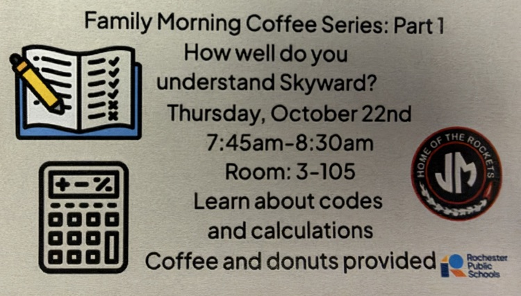 JMHSRockets's tweet photo. Understanding Skyward: Family Morning Coffee Series: Part 1.
OCT 22, 7:45-8:30 in 3-105 https://t.co/ctZBR69qUr