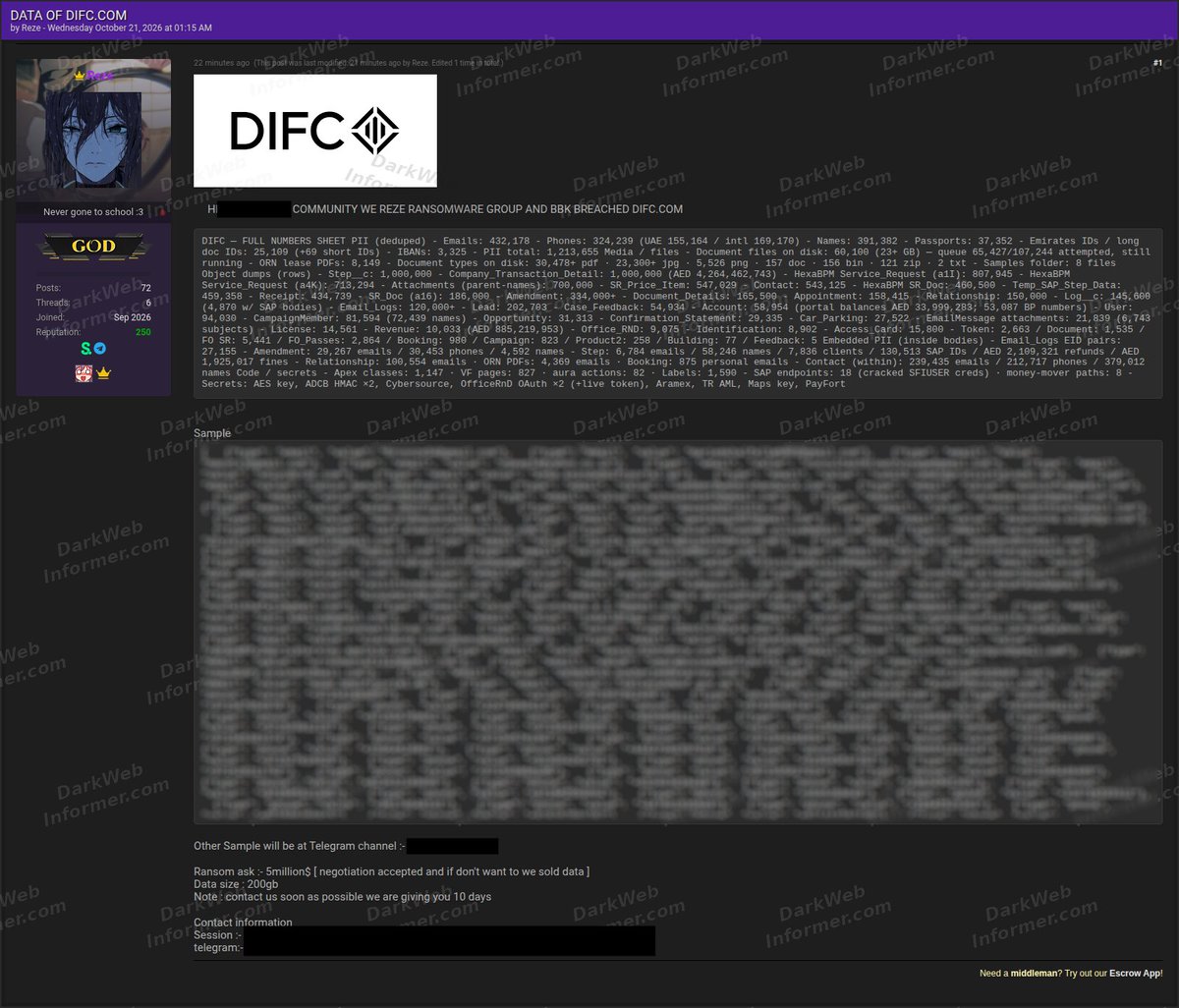 DarkWebInformer's tweet photo. 🚨🇦🇪 Dubai International Financial Centre (DIFC) allegedly breached, with $5 million ransom demanded

The "Reze" ransomware group, alongside "BBK", claims to have compromised DIFC, a major financial hub in Dubai, UAE.

The actors claim to have obtained approximately 200 GB of data, including 432,178 email addresses, 324,239 phone numbers, 391,382 names, 37,352 passport records, Emirates ID information, and thousands of internal documents.

The group has published samples and is demanding $5 million, giving DIFC 10 days to respond.

Claim is currently unverified.

Note: This alert was captured before this forum went down due to PHP2Shell.

💥 No delays. No guessing. No redactions. Get the intel threat actors see, the moment they post it. https://t.co/281Qjc6p2J