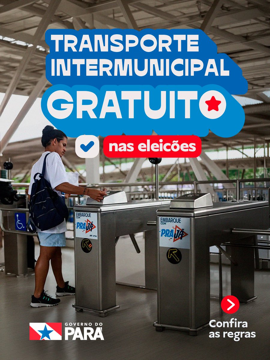 GovernoPara's tweet photo. 🗳️ TRANSPORTE GRATUITO NO SEGUNDO TURNO!

O Governo do Pará garantiu gratuidade no transporte intermunicipal rodoviário e aquaviário, além do BRT Metropolitano, para facilitar o deslocamento dos eleitores no dia da votação.

📲 Arraste para o lado, confira os horários e as regras para utilizar o benefício e compartilhe essa informação!

Seu direito de votar começa com o direito de chegar!