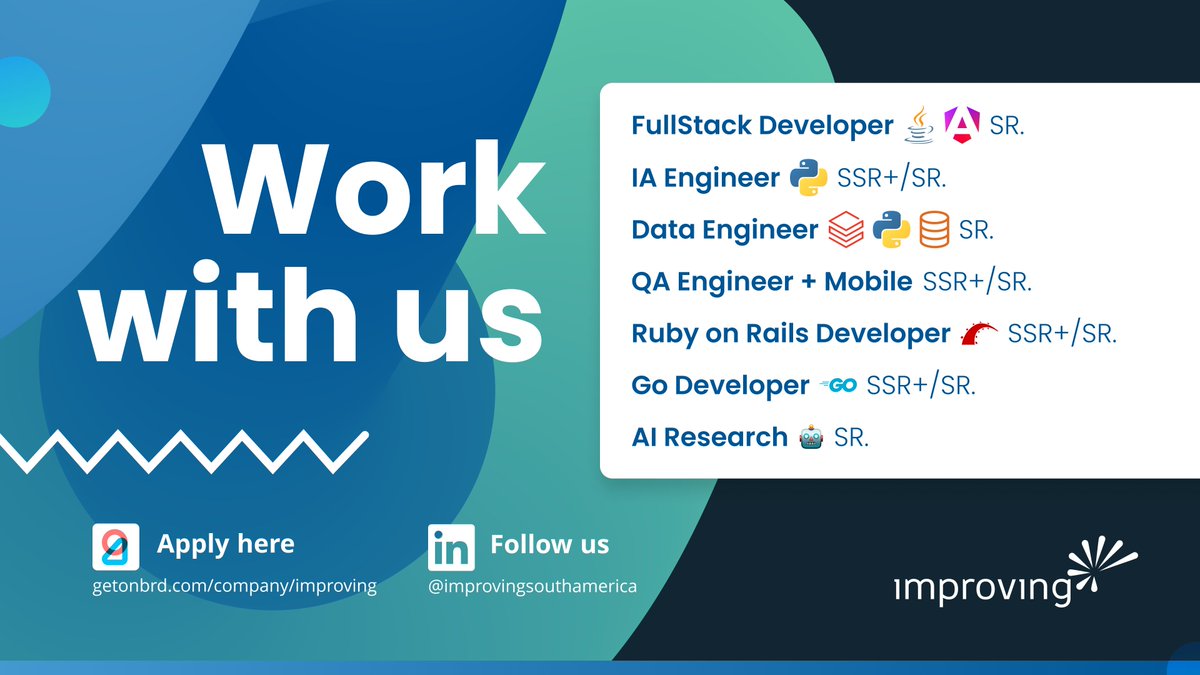 ImprovingSAM's tweet photo. ✨ We're Hiring!

• Fullstack Dev. (Java+ Angular) - SR.
• IA Engineer - SSR Advanced - SR.
• Lead IA Engineer. - SR
• Data Engineer - SR.
• QA Engineer + mobile - SR.
• Ruby on Rails Dev. SSR Advanced - SR.
• Go Dev. SSR Advanced - SR.
• AI Research - SR.

Link below https://t.co/BEwxw6BMDm
