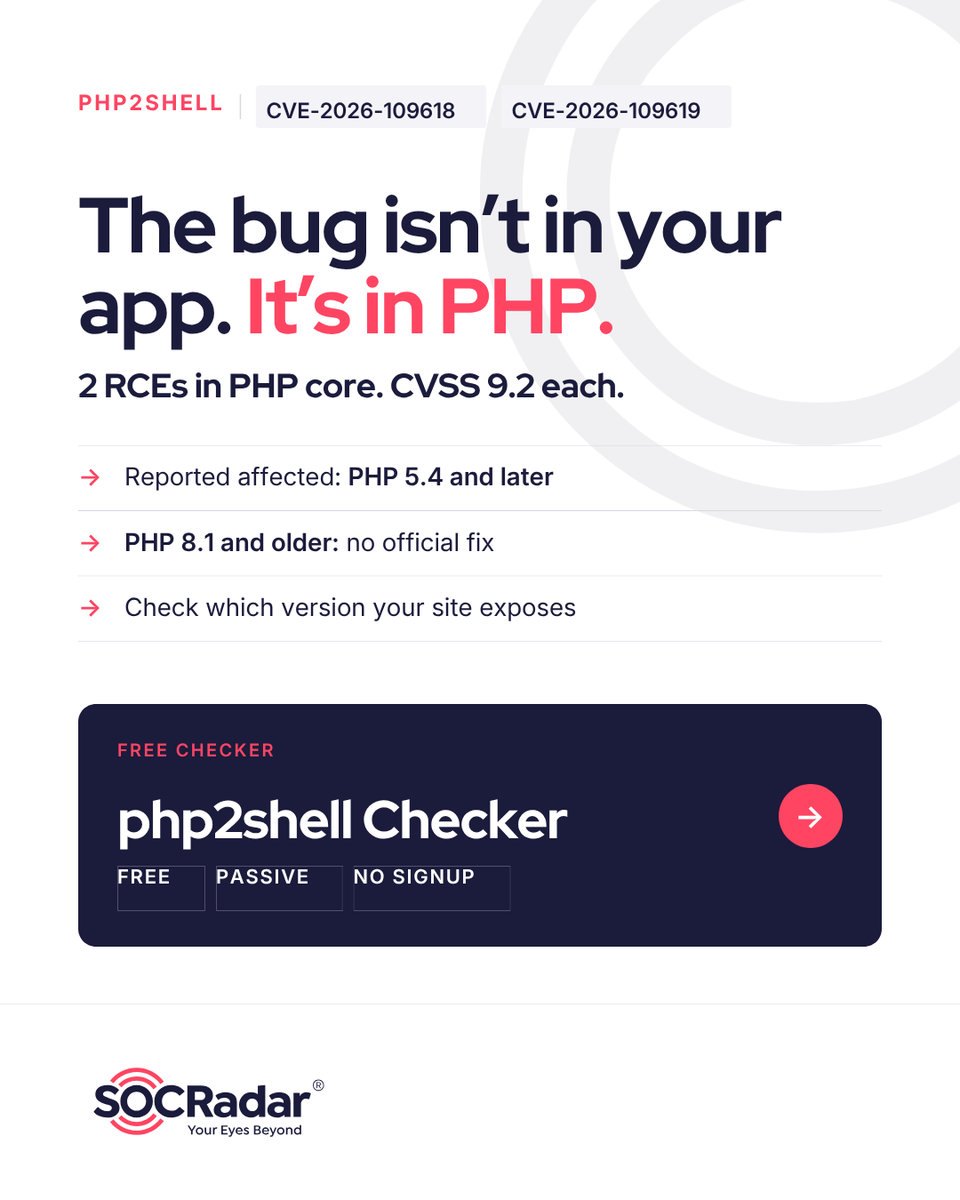 socradar's tweet photo. PHP2shell: 2 RCEs in PHP itself (CVE-2026-109618, CVE-2026-109619, CVSS 9.2 each). PHP 8.1 and older get no official fix.

→ Free checker reads the PHP version your site exposes
→ Passive: no exploit attempts, no signup

Check Exposure: https://t.co/hilRX8ZkmJ
#PHP #VulnerabilityManagement #ThreatIntelligence