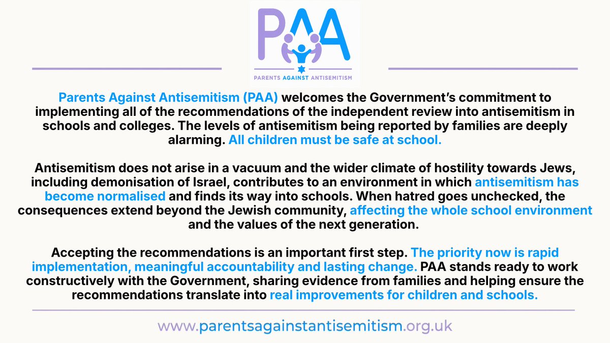 PAASchoolsUK's tweet photo. Parents Against Antisemitism (PAA) welcomes HM Government’s commitment to implementing the recommmendations of Sir Bell’s independent review into antisemitism in schools and colleges. The levels of antisemitism being reported by families are deeply alarming. All children must be safe at school.

https://t.co/6zghWOCip0