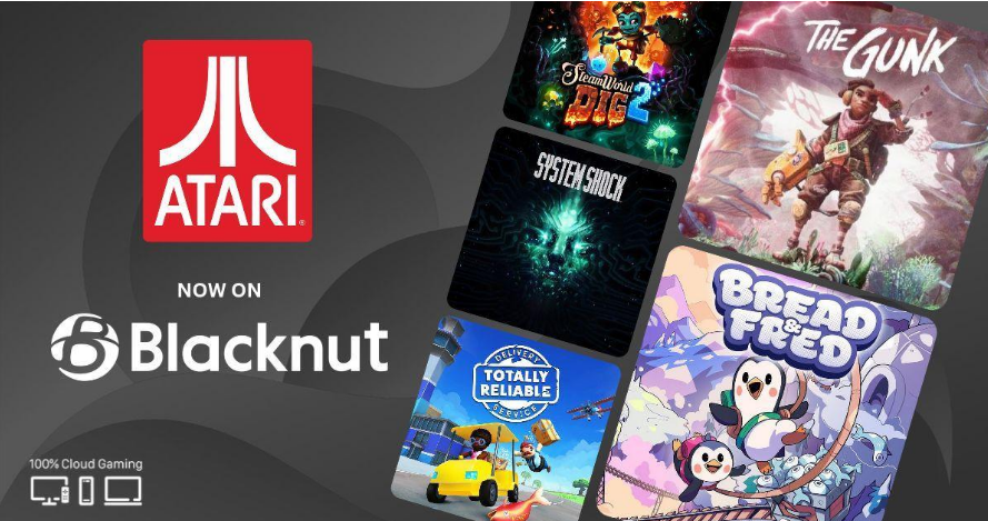 atari's tweet photo. We're bringing 40+ titles to @Blacknut_Games! 🎉

Players will be able to jump into titles like Bread &amp; Fred, Totally Reliable Delivery Service, Tales of the Neon Sea, and many more.

No downloads, installations, or dedicated hardware needed. ☁️ https://t.co/qaeVbHnglV