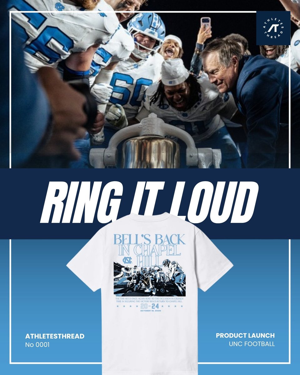 AthletesThread's tweet photo. The Bell’s back in Chapel Hill. 🔔

Saturday’s Victory Bell win called for something special. Meet Drop No. 0001 for UNC Football: the “Bell’s Back in Chapel Hill” tee.

Support the Tar Heels and shop officially licensed NIL merch. Swipe through 👉 and tap the link in bio to get https://t.co/CnSBfYiPRU