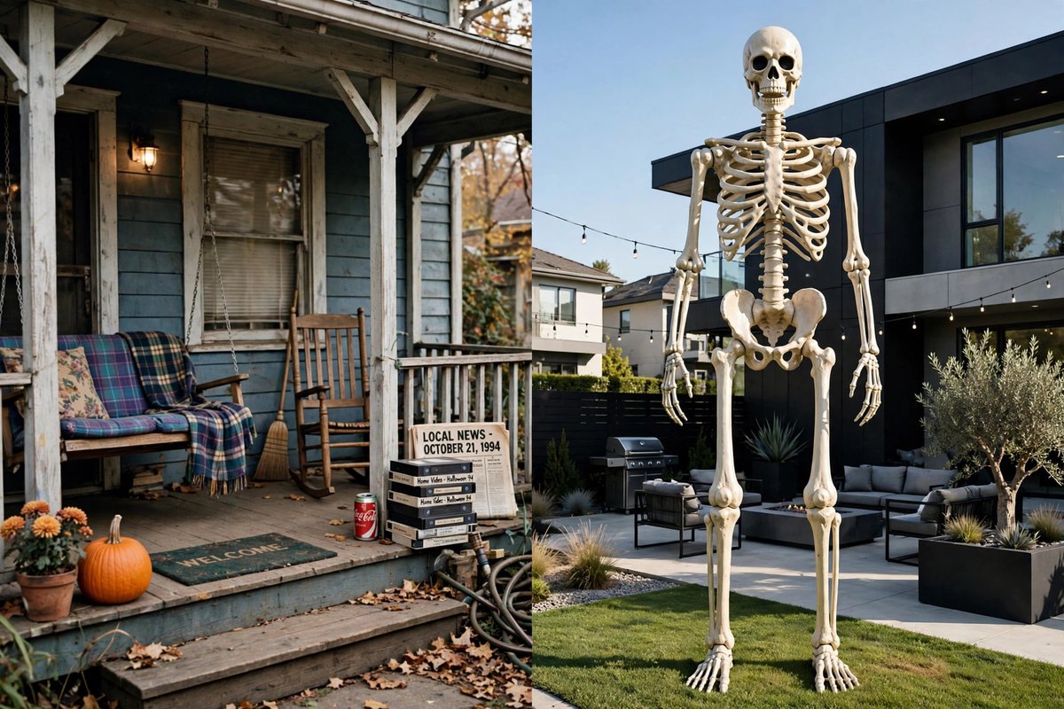 RogueXmedia's tweet photo. Decorations: 90s vs now 🎃
Then: a plastic pumpkin on the porch.
Now: a 12-foot skeleton the neighbors can see from space. 💀
#90sVsNow #Halloween #SpookySeason #HalloweenDecor #90sNostalgia https://t.co/WDUNCl5RuK