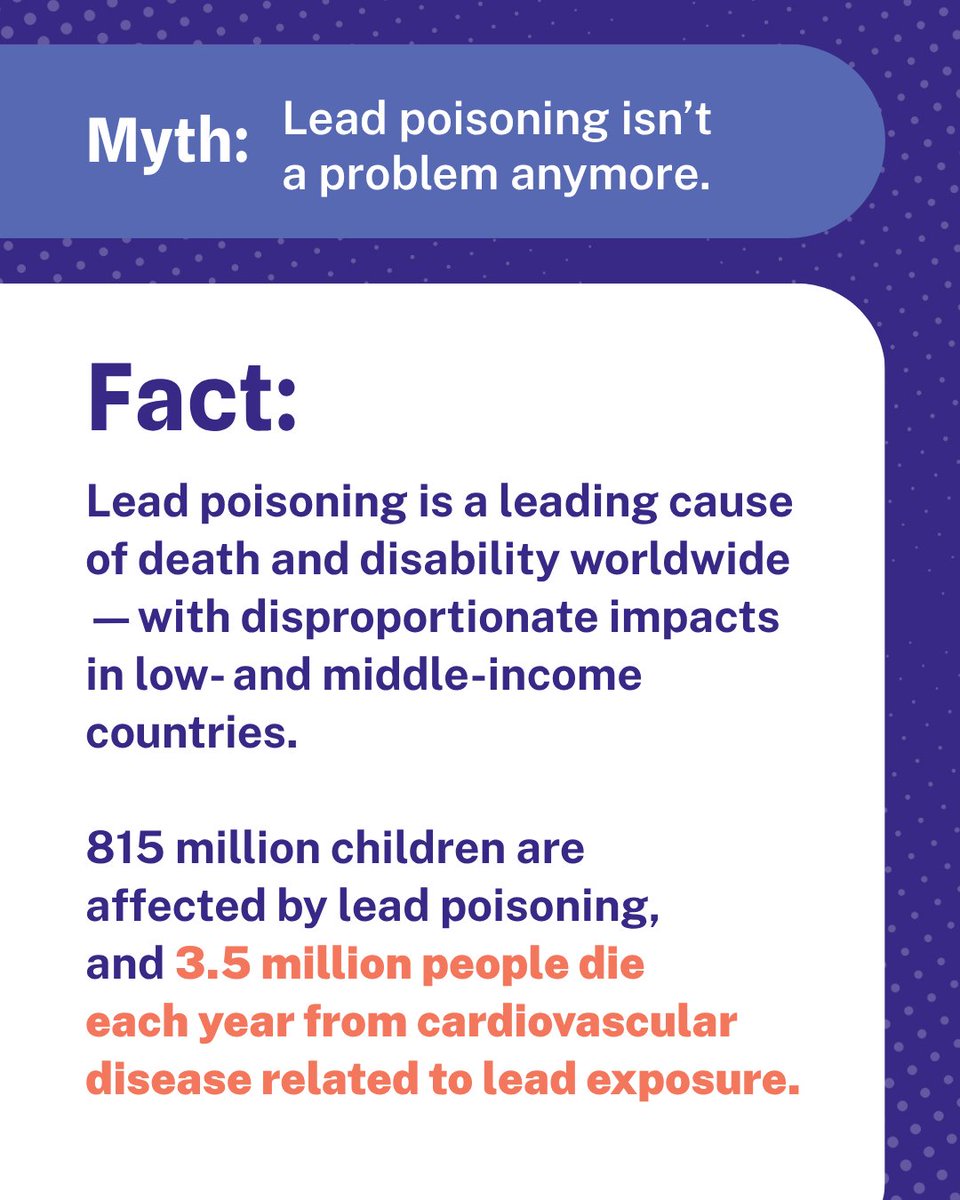 ResolveTSL's tweet photo. Myth or fact? Swipe to test what you know about lead poisoning, one of the world’s deadliest health threats.

This International Lead Poisoning Prevention Week, we’re dispelling common myths about lead and raising awareness about the harms of exposure. One of the biggest myths of all is that there’s nothing to be done to address the threats posed by lead.

Lead poisoning is preventable. We're working with governments and other partners to advance evidence-based policies that prevent lead poisoning and save lives. Learn more: https://t.co/bak6Esrna4