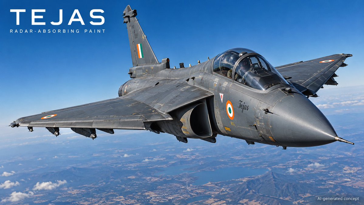 DefenseNewsIN's tweet photo. DRDO’s Defence Laboratory Jodhpur (DLJ) has advanced its indigenous Radar-Absorbing Paint to full system-level testing on the LCA Tejas. 

Paired with Tejas’s 90% composite surface area, Uttam AESA, and DRFM jammers, cutting X-band RCS gives IAF a decisive BVR first-shot edge. https://t.co/RACAggtlnj