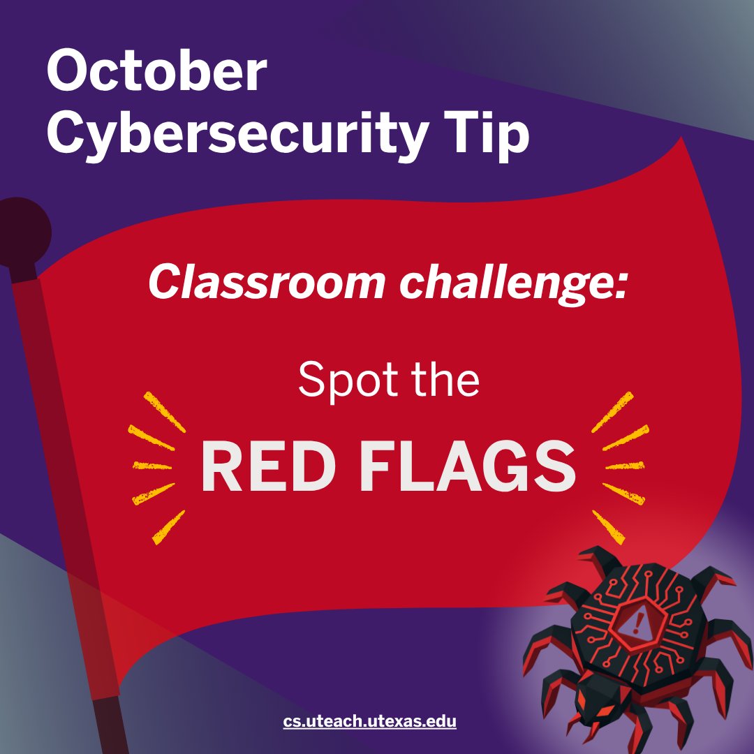 UTeachCS's tweet photo. Turn cybersecurity awareness into a classroom challenge! Give students a fictional email, text, or direct message. Ask them to spot suspicious signals. A few minutes of practice can help students think twice before they click!
#CybersecurityEducation #UTeachCS https://t.co/wtBLwkvLeJ