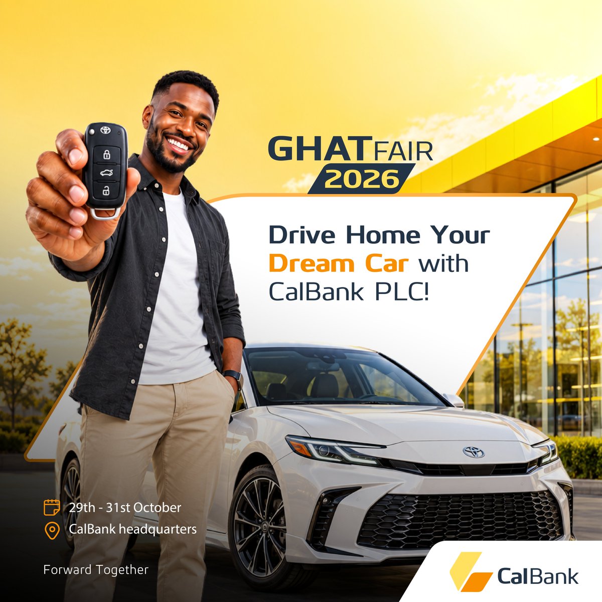 CalBankPLC's tweet photo. Your dream car could be closer than you think! 🚗🔑
Join us at GHAT FAIR 2026 and drive home your dream car with CalBank PLC.

Date: 29th–31st October | Venue: CalBank Head Office - Ridge, Accra.
See you there!

#CalBank #GHATFAIR2026 #ForwardTogether https://t.co/fkQWoSA7VA