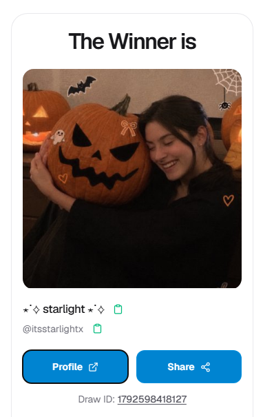 LinIsCrazy's tweet photo. @itsstarlightx Congrats @itsstarlightx you won! Draw ID: 1792598418127 Follow for more @xpickr https://t.co/gvtKHI3RKJ #xpickr
I will message you shortly! https://t.co/CXUVO0aTjz