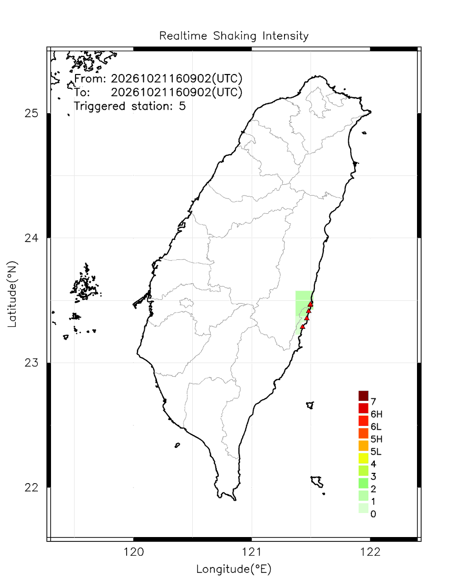 eew_p's tweet photo. Automatically Plotted Shakemaps:
* 2026-10-22 00:09:02 (UTC+08:00, Taipei)
* Evt. 20261022000902, First Report.
* Total 5 triggered stations

Note: These shakemaps are not yet confirmed, for reference only!
#地震 #台灣 #earthquake #Taiwan https://t.co/zI3VxtkNhT