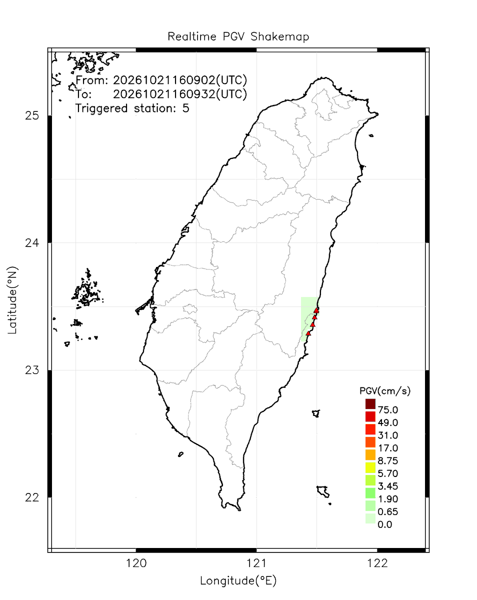 eew_p's tweet photo. Automatically Plotted Shakemaps:
* 2026-10-22 00:09:32 (UTC+08:00, Taipei)
* Evt. 20261022000902, 30s after trig.
* Total 5 triggered stations

Note: These shakemaps are not yet confirmed, for reference only!
#地震 #台灣 #earthquake #Taiwan https://t.co/QZZFD4Vxam