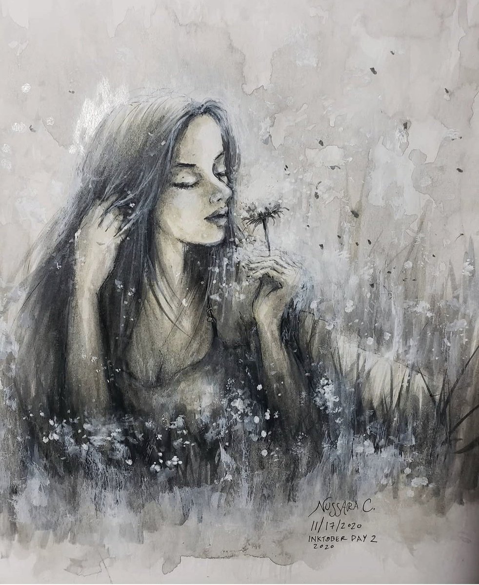 WondrousWalls's tweet photo. Inktober 2020 | Day 2: "Wisp" 🌬️🌾
Continuing my mini 2020 archive series with a quiet, nostalgic moment. A woman on the grass blowing a dandelion puffball, captured in soft ink wash layers. 🖤
#Inktober #Inktober2020 #InkWash #MonochromeArt #ArtistOnX https://t.co/xzc3oPQpA1